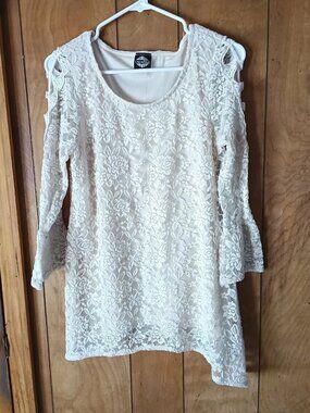 Calstyle Cream Lace Dress Small Lined Boho 3/4 Sleeve Stretch Tunic